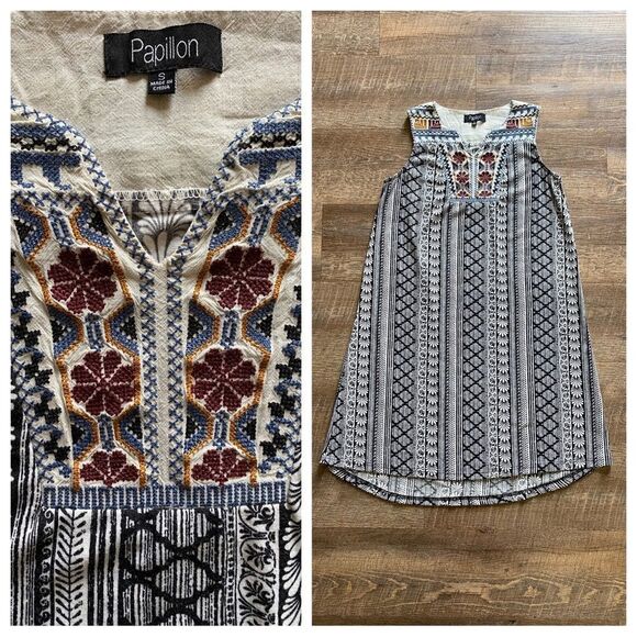 Papillon Embroidered Dress Split Yoke Small Festival Boho Vacation Summer - Picture 4 of 9